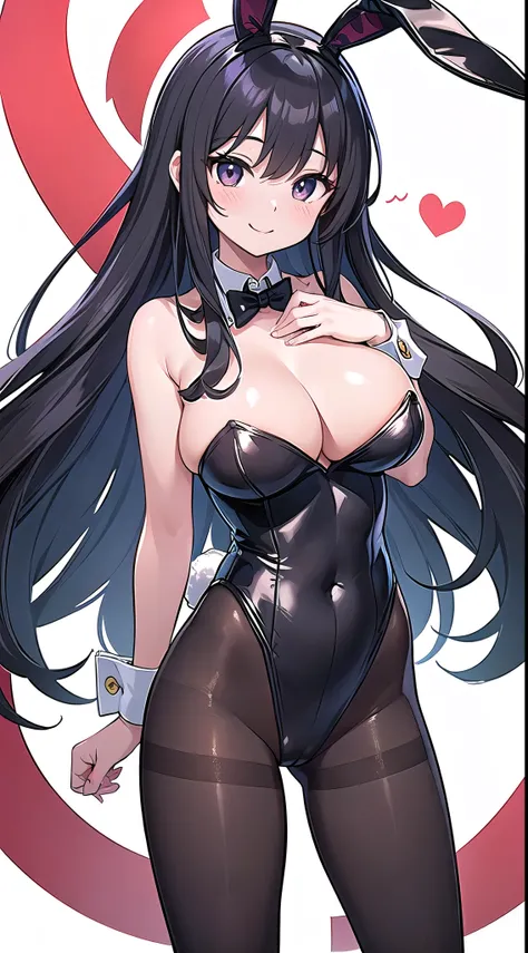 1 girl, game CG,((playboy、Bunny girl、Bunny ears、pantyhose)),((big breasts)), black hair, long hair, straight hair,  black eye, ((fearless smile)), white background,((look forward、from head to foot))