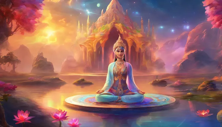 Colorful glow, Yoga places the spectrum with the seven chakras around, Bright colors sa colorslashh, Beautiful woman in white sitting on water lilies, complex stuff around, Intricate in the background, Spiritual, Divine, Dreamlike, cosmic, mind blowing, Go...