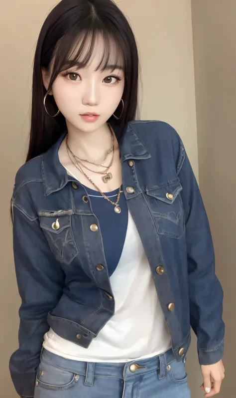 realistic,Super adopted,1 young beautiful korean girl, Distant gaze, ah,Hip-hop style clothing,Round young face,full accesories,necklace,big, clear and gentle eyes,long eyelashes,slim waist,light macup,neat teeth, Slightly Smiled. colored hair,  Upper body...