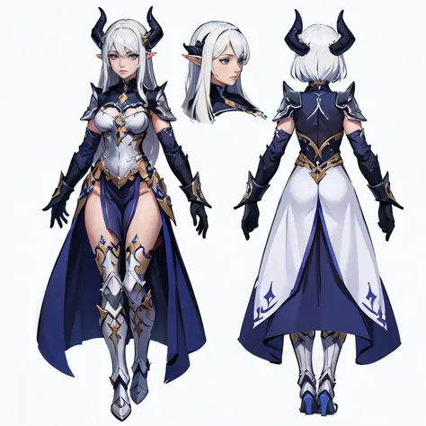 multiple views,1girl,dark elf paladin with horns, long white hair,simple background,white background,full body