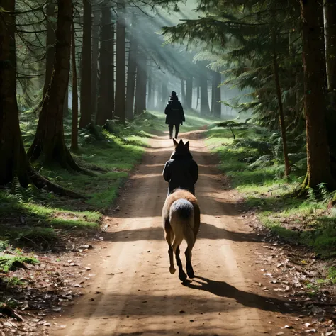 A wolf leads the way in the forest, walking ahead of me and looking back at me.