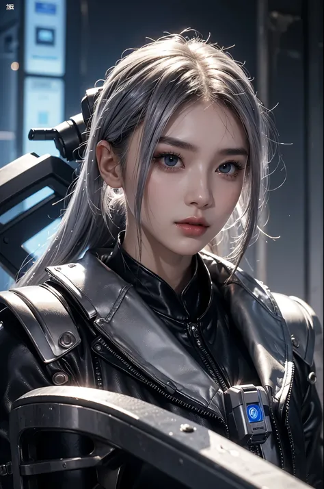 Beauty、muste piece、best quality、cyber punk、Silver hair、Skin exposed in places、shiny skin、shiny skin、well-groomed face、high tech machine、background in the future