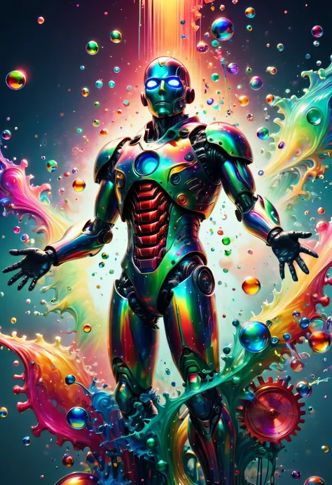 stringy viscous liquid，Drilled out colorful metal man portrait，Mechanical gears，neon gradient，（Colorful bubbles rise into the sky，vaporwave：1.37），（Laser colorful light waves），Metal refraction，（many liquid bubbles：1.37）、Colorful gradient geometric art and o...