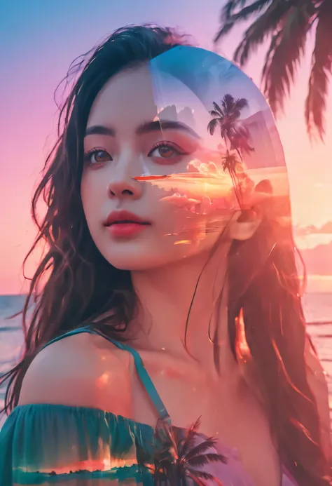 the aesthetics of vaporwave, bright colors, double exposure image of sunset, ocean, beautiful woman with palm tree