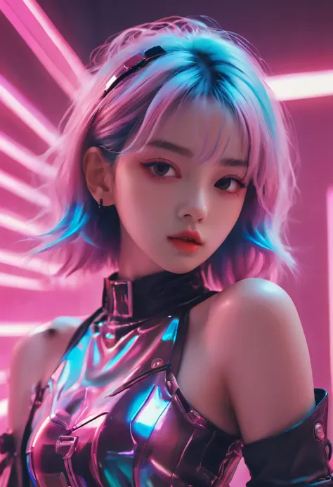 the aesthetics of vaporwave, bright colors, girl dressed in cyberpunk style, cowboy shot