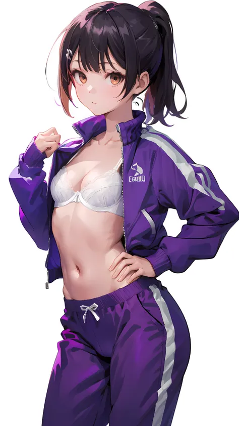 1 girl, (Miyu Edelfeldt),Change,camel toe,black hair,brown eyes,Poker face,split,hands on hips, jacket, small breasts, lift on its own, long sleeves, navel, open clothes, open jacket, underwear, Pants, Pants lift, purple jacket, purple Pants, background, S...