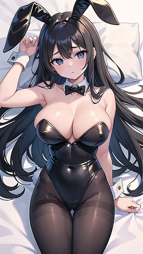 1 girl, game CG,((playboy、Bunny girl、Bunny ears、pantyhose)),((big breasts)), black hair, long hair, straight hair,  black eye, ((Lie on your back on silk sheets)), white background,((Enchanted expression))