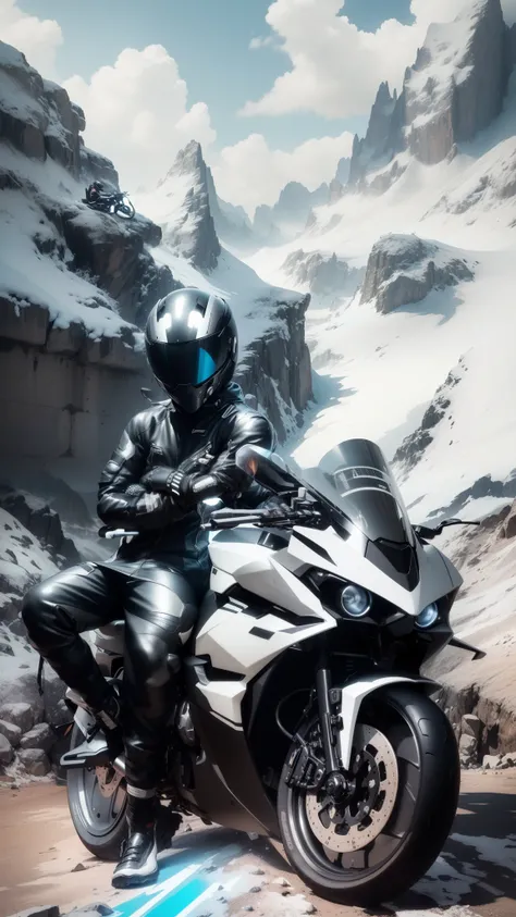 there is a man that is sitting on a motorcycle in the mountains, sitting on motorbike, riding a futuristic motorcycle, wearing space techwear, motorbiker, riding, biker, profile picture 1024px, picture of a male biker, future techwear, profile picture, lon...