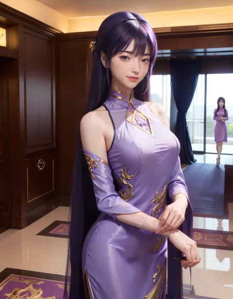 luxury hotel entrance indoors, 1lady solo mature female /(purple long hair/) bangs, blue embraided cheongsam, blush kind smile, ...