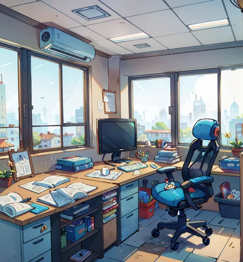 masterpiece, best quality, work office with huge window, cartoon style