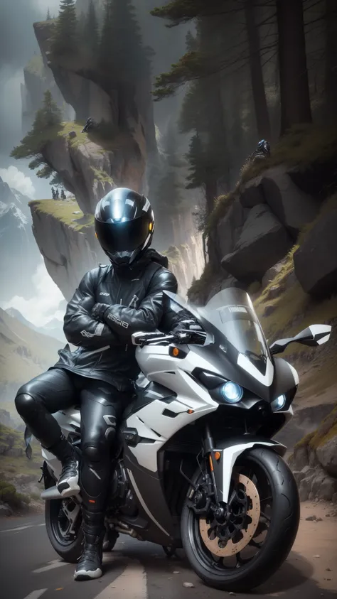 there is a man that is sitting on a motorcycle in the mountains, sitting on  motorbike, riding a futuristic motorcycle, wearing space techwear, motorbiker, riding, biker, profile picture 1024px, picture of a male biker, future techwear, profile picture, lo...