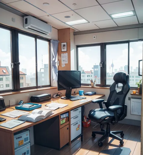 masterpiece, best quality, work office with huge window, cartoon style, (black chair)