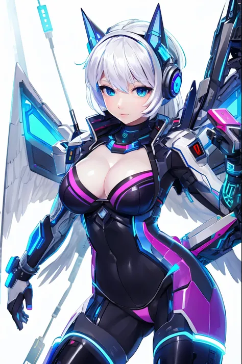 Beauty、muste piece、best quality、cyber punk、Skin exposed in places、shiny skin、shiny skin、well-groomed face、high tech machine、Exposed cleavage、angelic wings、white costume、Thigh exposure、white hair、bra and panties、bright background