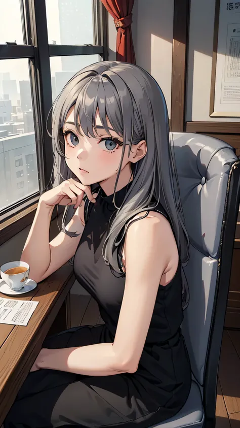 最high quality、best image quality、masterpiece、teenage girl((18-year-old、 By becoming、vest bust、medium bust,wide open breast tea、black eye, gray hair、long hair、thin,highest valley、Black Y-shirt、Black Recruit Suit,Have a document、face forward、sit on a chair、U...