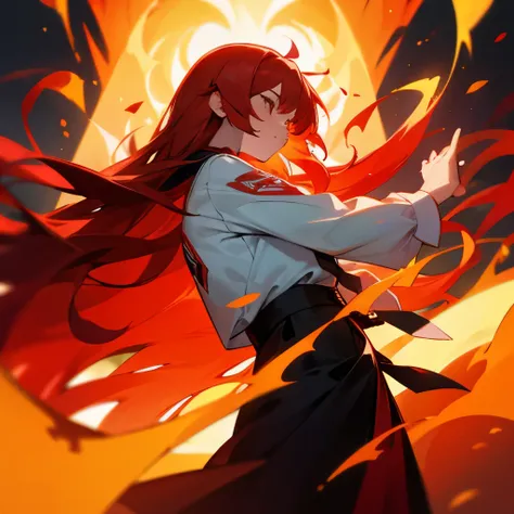 girl　red hair　long hair　No sleeve　tie　flames in both hands　skirt