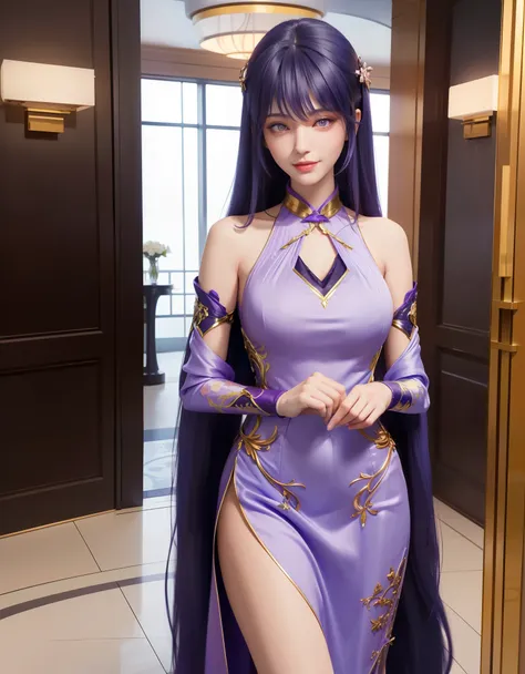 luxury hotel entrance indoors, 1lady solo mature female /(purple long hair/) bangs, blue embraided cheongsam, blush kind smile, ...