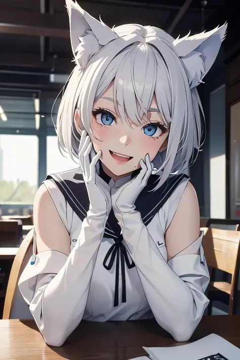 table top　High level image quality　best image quality　8K　 lady（I）　full body portrait　white long gloves（（blanche）（long gloves））　white stockings　sailor suit（No sleeve）　wolf ears　short hair（（shortcut）（gray hair）（perm）（fluffy））　eye color is blue　Face seducing（...