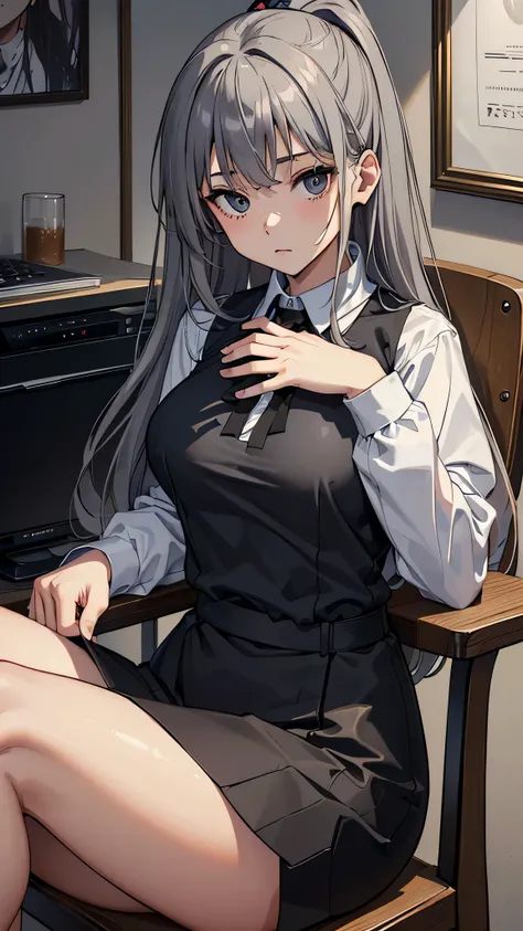 最high quality、best image quality、masterpiece、teenage girl((18-year-old、 By becoming、vest bust、medium bust,wide open breast tea、black eye, gray hair、long hair、thin,highest valley、Black Y-shirt、Black Recruit Suit,Have a document、face forward、sit on a chair、U...