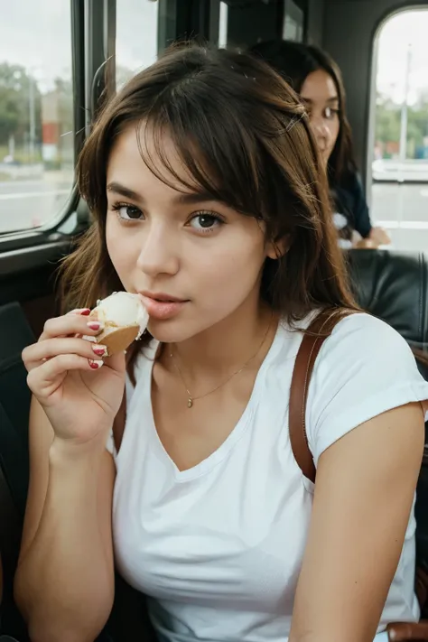 Cute girl eating ice-cream on the coach 