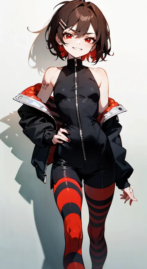 (masterpiece, sidelighting, finely detailed red eyes: 1.2), ((best quality)), ((masterpiece)), (highly detailed:1.3), anime, young girl, , childish body, bodytight shirt, open jacket with bare shoulders, oversized shorts, dark-grey shorts, pale skin, (shad...