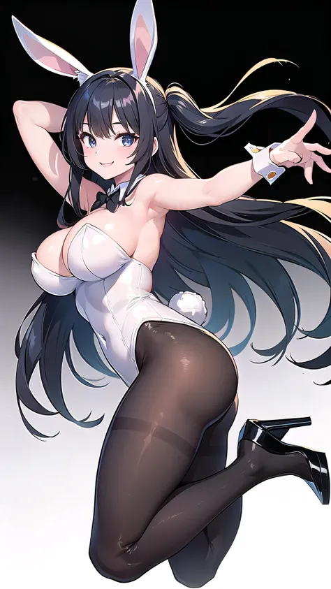 1 girl, game CG,((playboy、Bunny girl、Bunny ears、pantyhose、Wear heels)),((big breasts)), black hair, long hair, straight hair,  black eye, ((Pose with one leg raised)), white background,((Smiling expression))