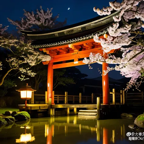 moon,moon面,A Japanese shrine,Rainbow colored stream under the torii gate,背景に大きい満moon,The cherry blossoms dance,Highly realistic