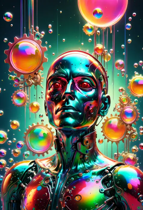 stringy viscous liquid，drilled out colorful metal man portrait，mechanical gears，neon gradient，（colorful bubbles rise into the sk...