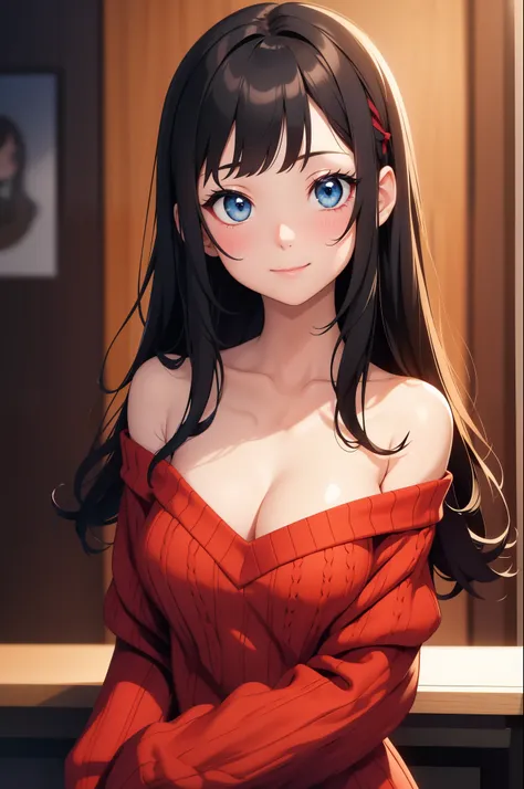 1 girl, Rin Harusaka, alone, Close-up shot，cleavage，Off the shoulder dress，long hair, sweater, red sweater, looking at the audience,  black hair, blue eyes,  Bangs,  sweater, Upper body, parted Bangs, black ribbon, ribbed sweater, Double tail, Smile