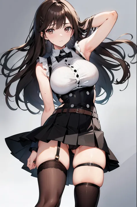 Black skirt, 　suspenders, Brown hair Gray eyes, Garter belt on the legs, Tight clothes, 　　 a belt　Armpit sweat　　deadpan　moderate breasts