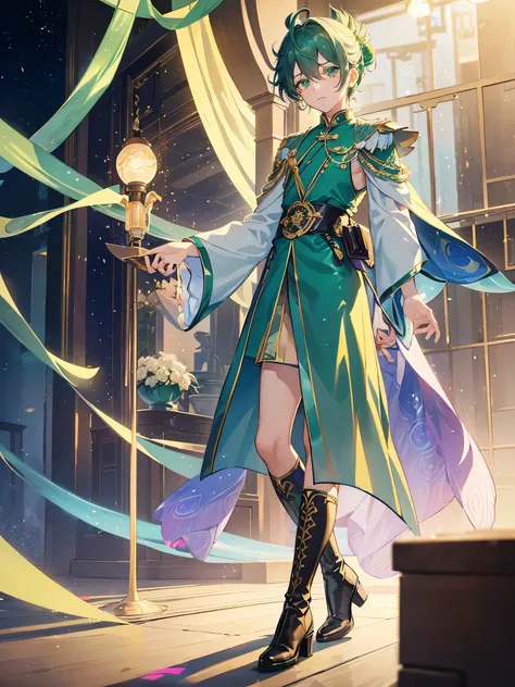 ((a boy)), iridescent hair, peacock green eyes, ((male idol)), ((crossdressing)), long boots, ((美少男)), 军服外套, ((单人)), ((English style dress))