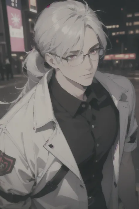 midjourney, ((best quality)), ((masterpiece)), (detailed), perfect face, 1male, handsome male, 30 to 40 years old, ((silver hair, extra long hair, messy hair ponytail)), ((red eyes)), depth of field, glasses, ((Bags under eyes)), smile, blush, fat (chubby)...