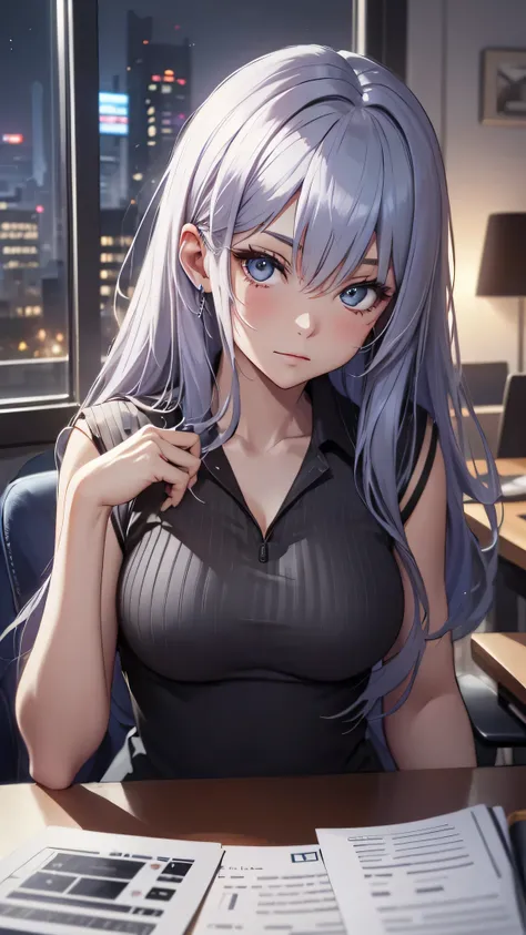 最high quality、best image quality、masterpiece、teenage girl((18-year-old、 By becoming、vest bust、medium bust,wide open breast tea、black eye, gray hair、long hair、thin,highest valley、Black Y-shirt、Black Recruit Suit,Have a document、face forward、sit on a chair、t...