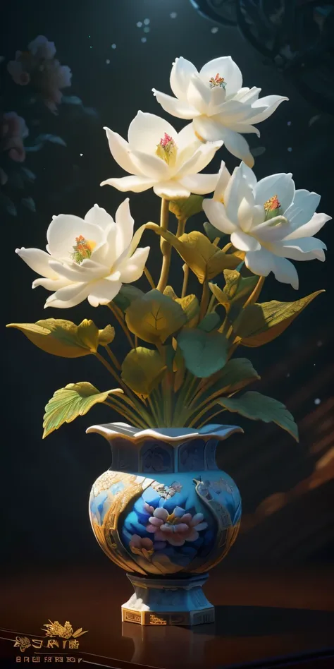 best quality, realistic, photorealistic,  ultra detailed, "Mountain of Flower and Fruit+Fairy+Chinese Architecture" highly detailed carving on "southern ice" porcelain,Ultra wide angle,Accent Lighting,Volumetric Lighting,backlighting, (detailed light),((an...