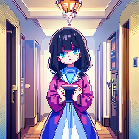 ((The style of Pixel art)), Pix, 4-bit Pixel art,evening,evening,dusk,after school,A hallway that goes on forever,Broken vase,Nobody is here,Face down eyes,1girl,long black hair,blue eyes,pale skin,thin hands,thick eyelashes,Cherry-colored lips,White and b...