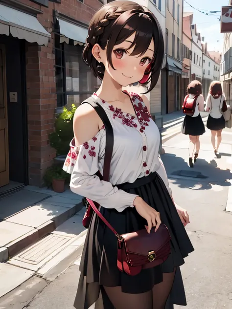 character//1 girl,(light brown hair),(brown eyes),(With bangs),((Braided shorthair)),(eye size:1.5),BREAK//((strawberry color knit cardigan)),BREAK//((white t-shirt with floral pattern)),BREAK//((Black sheer long skirt:1.2)),BREAK//((Wine red color mini sh...