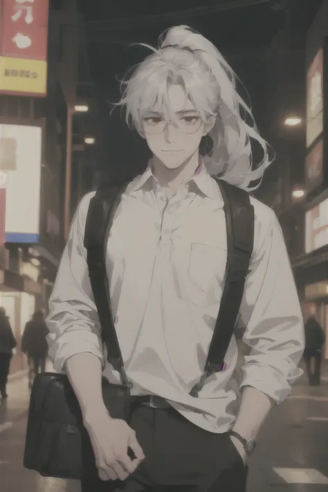 midjourney, ((best quality)), ((masterpiece)), (detailed), perfect face, 1male, handsome male, 30 to 40 years old, ((silver hair, extra long hair, messy hair ponytail)), ((red eyes)), depth of field, glasses, ((Bags under eyes)), smile, blush, fat (chubby)...