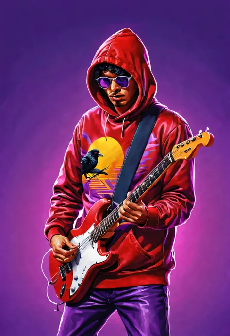 vaporwave style，Vector illustration, Minimalism, number, dramatic lighting, Art site hot search, Award-winning, Icons are very detailed, Beautiful and meticulous illustrations, A little more purple， （A man from the 1980s wearing a red hoodie with a raven p...