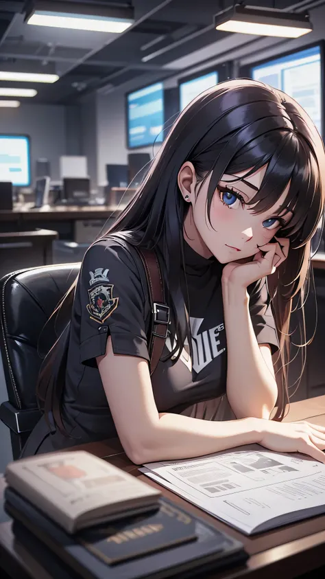 最high quality、best image quality、masterpiece、teenage girl((18-year-old、 By becoming、vest bust、medium bust,wide open breast tea、black eye, gray hair、long hair、thin,highest valley、Black Y-shirt、Black Recruit Suit,Have a document、face forward、sit on a chair、t...