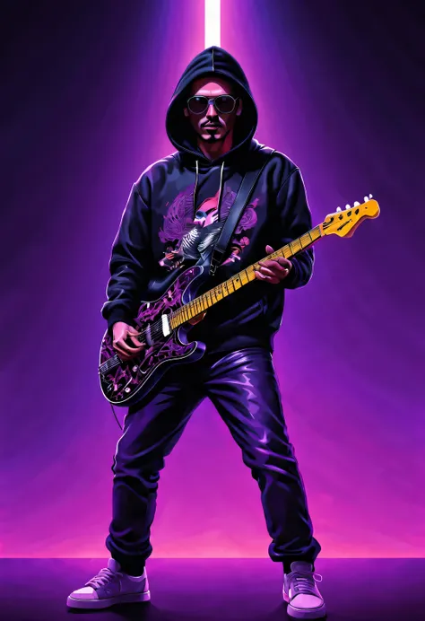 Vector illustration, Minimalism, number, vaporwave style, Beautiful and meticulous illustrations, A little more purple，
a man in the 1980s，Wearing a black hoodie with a crow pattern，wearing sunglasses，Playing electric guitar,, dynamic poses，Crazy pose，dram...