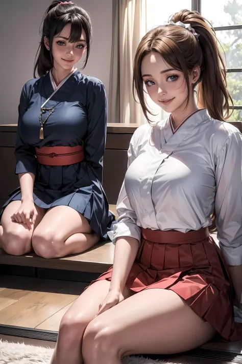 ridiculous resolution, high resolution, (masterpiece: 1.4), super detailed, (((Detailed face, express in detail)), two girls, girls and girls, friends, best friends, classmate, Relax, ponytail, bob, sitting on ground, sit on the ground, Two people are talk...