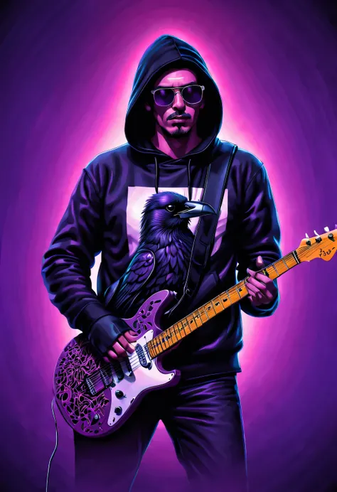 Vector illustration, Minimalism, number, vaporwave style, Beautiful and meticulous illustrations, A little more purple，
a man in the 1980s，Wearing a black hoodie with a crow pattern，wearing sunglasses，Playing electric guitar,, dramatic lighting, Trends on ...