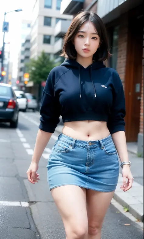 ((best quality)), ((masterpiece)), (detailed), perfect face, araffe woman in a dark-blue hoodie and blue denim skirt walking down a street, thicc, she has a jiggly fat round belly, bbwchan, wearing tight simple clothes, skinny waist and thick hips, widest ...