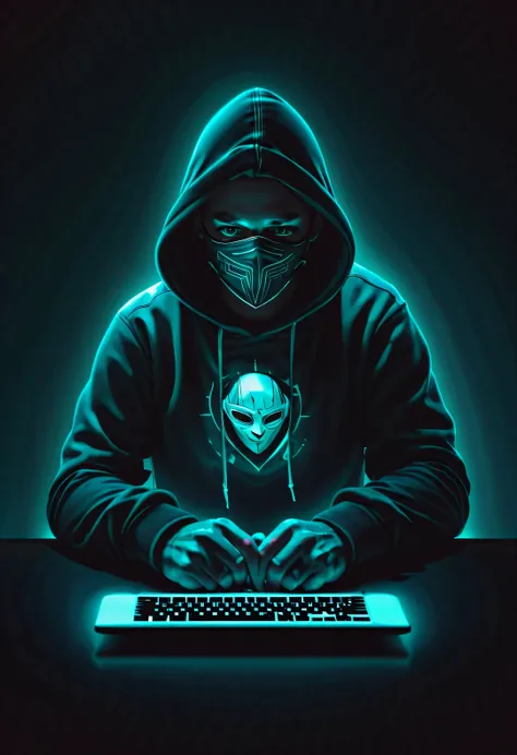 hacker wearing hoodie and mask working on computer, t-shirt design,lamatic lighting, trends on artstation, award-winning, icon