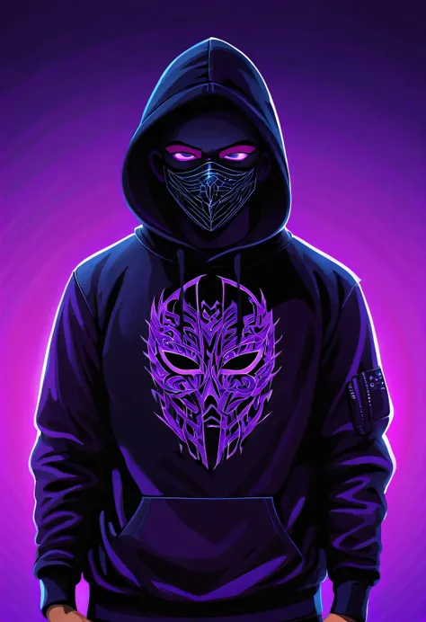 Vector illustration, Minimalism, number, vaporwave style, Beautiful and meticulous illustrations, A little more purple，
（Wearing a black hoodie with a crow pattern、Hacker wearing mask working in front), T-shirt design, dramatic lighting, Trends on ArtStati...