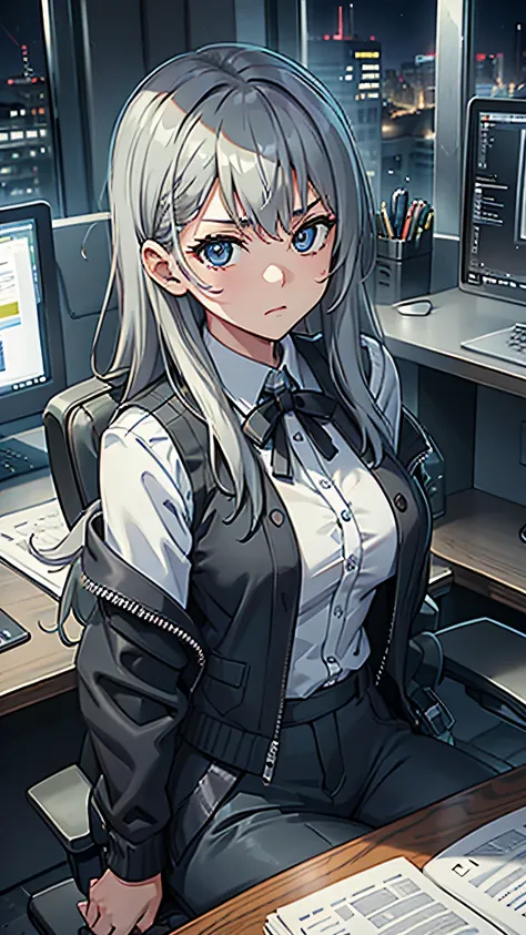 最high quality、best image quality、masterpiece、teenage girl((18-year-old、 By becoming、vest bust、medium bust,wide open breast tea、black eye, gray hair、long hair、thin,highest valley、Black Y-shirt、Black Recruit Suit,Have a document、face forward、sit on a chair、t...