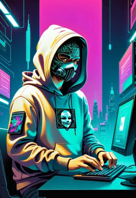 vector illustration, minimalism, digital ，vaporwave style, beautiful detailed illustrations, hacker wearing hoodie and mask work...