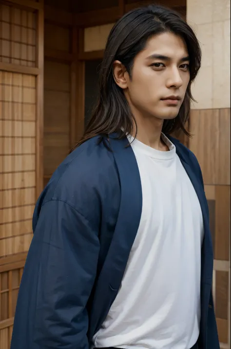 asian handsome man, realistic long black hair, realistic brown eyes, realistic background in japanese style, realistic dark blue kimono, realistic clothes, detail clothes, ultra detail, realistic