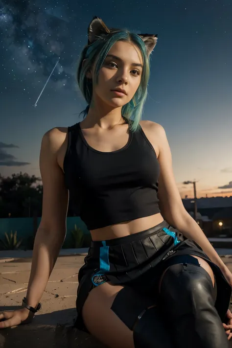 a gorgeous 20-year-old girl, half robot, with a bionic eye, green and blue hair, an athletic body, dressed in a black, short fitted skirt, a white, short tank top and an open red vest, looking at the sky with a look cradled, sitting down with a Bengal tige...