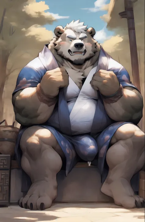 (一只的狗Bear富豪)，(Sitting helplessly on the ground)，(Wearing Chinese robes:1.3)，(Various details)，(There are many woods around)，(young:1.1)，Slightly fat，mouth slightly open，(hairy)，(white hair:1.3)，messy hair，(orc)，(Bear)，high resolution，masterpiece，perfect细节,...