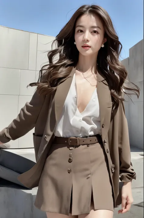 (Best quality, High resolution, Masterpiece :1.3), A Japanese lady, cute face, Slender abs, Dark brown hair styled in loose waves, Small breasts, Very thin waist, Wearing pendant, White button up shirt, Belt, Black skirt, (Modern architecture in background...